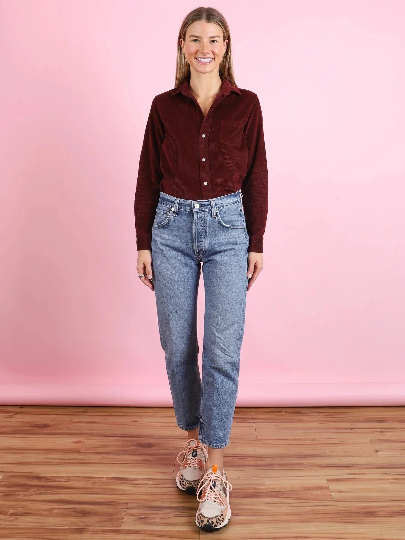 Barry Tailored Button Up Shirt Maroon Corduroy