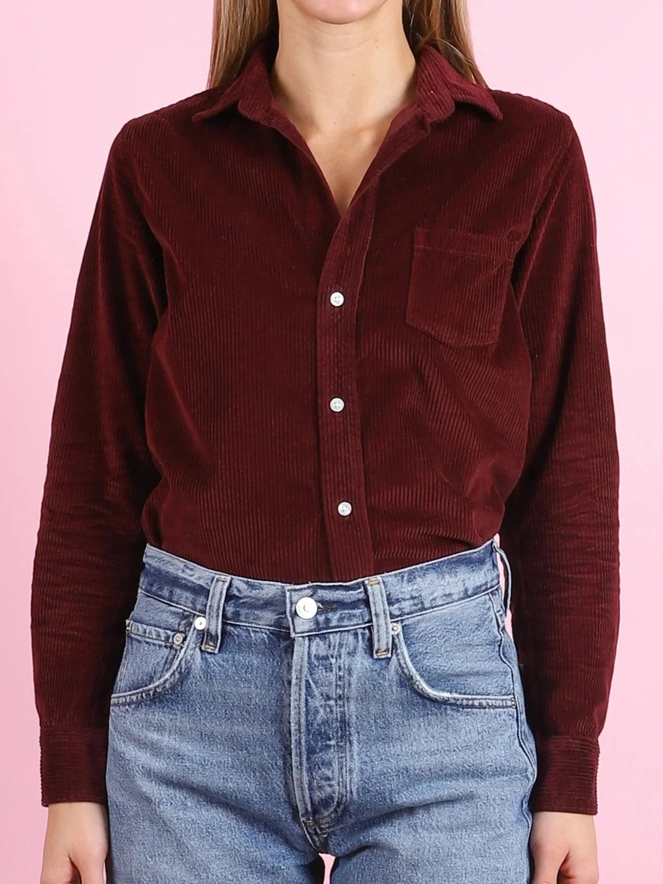 Barry Tailored Button Up Shirt Maroon Corduroy
