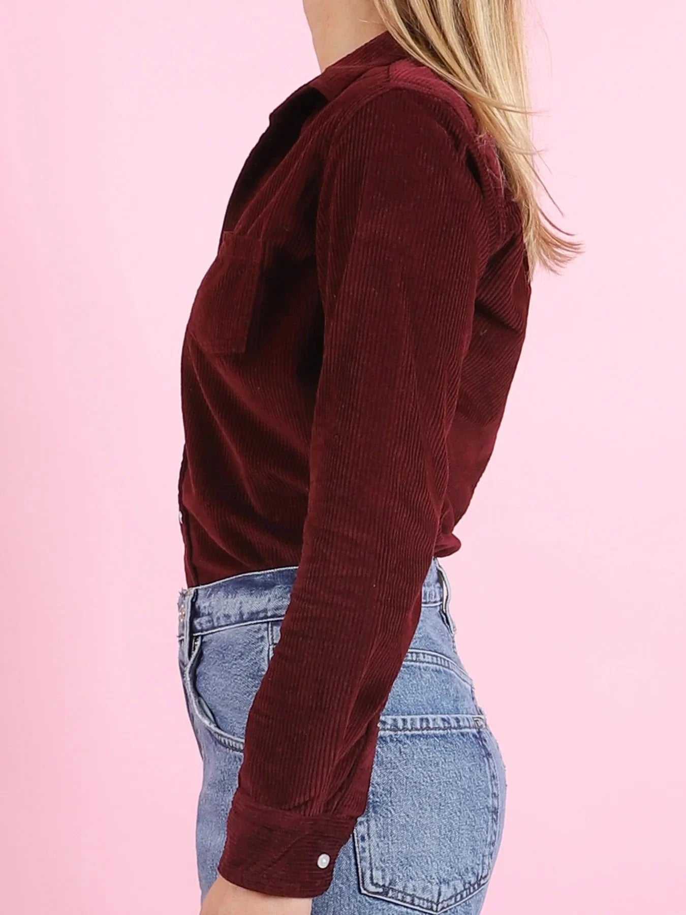 Barry Tailored Button Up Shirt Maroon Corduroy