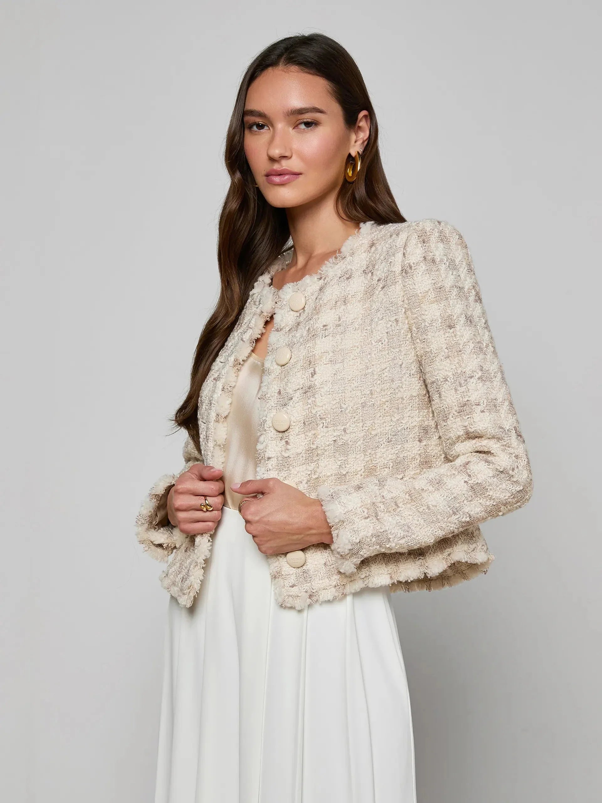Zell Collarless Jacket Taupe Grey Houndstooth