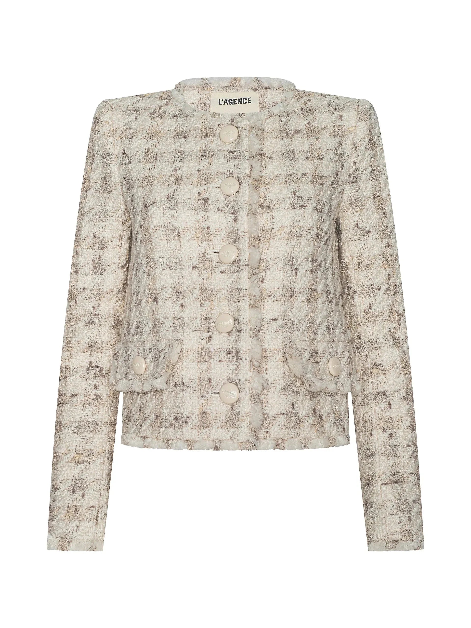 Zell Collarless Jacket Taupe Grey Houndstooth