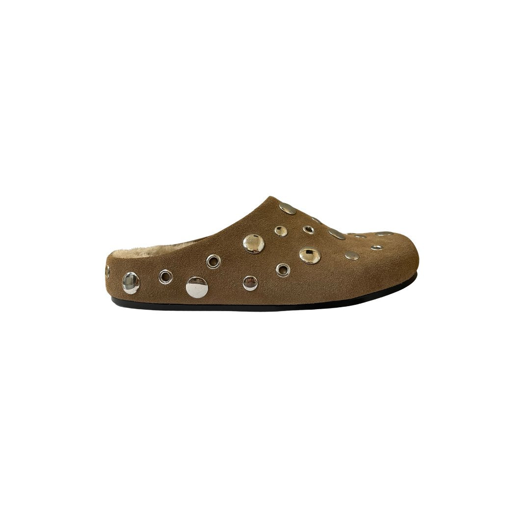 Studded Mules Cow Suede Leather Taupe