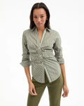 Devra Ruched Button-Down Shirt Stone Army/White