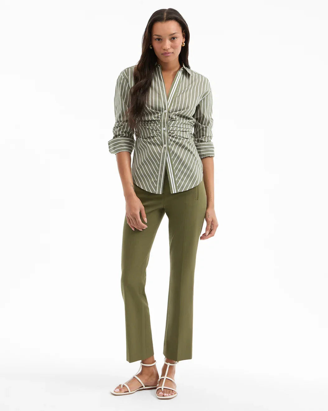 Devra Ruched Button-Down Shirt Stone Army/White
