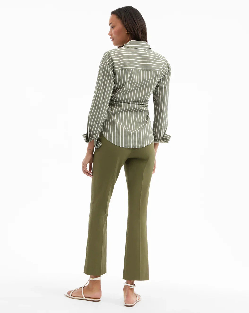 Devra Ruched Button-Down Shirt Stone Army/White