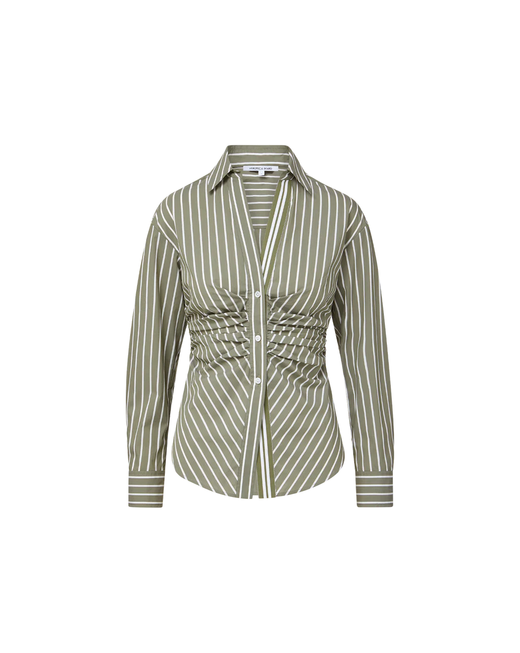Devra Ruched Button-Down Shirt Stone Army/White