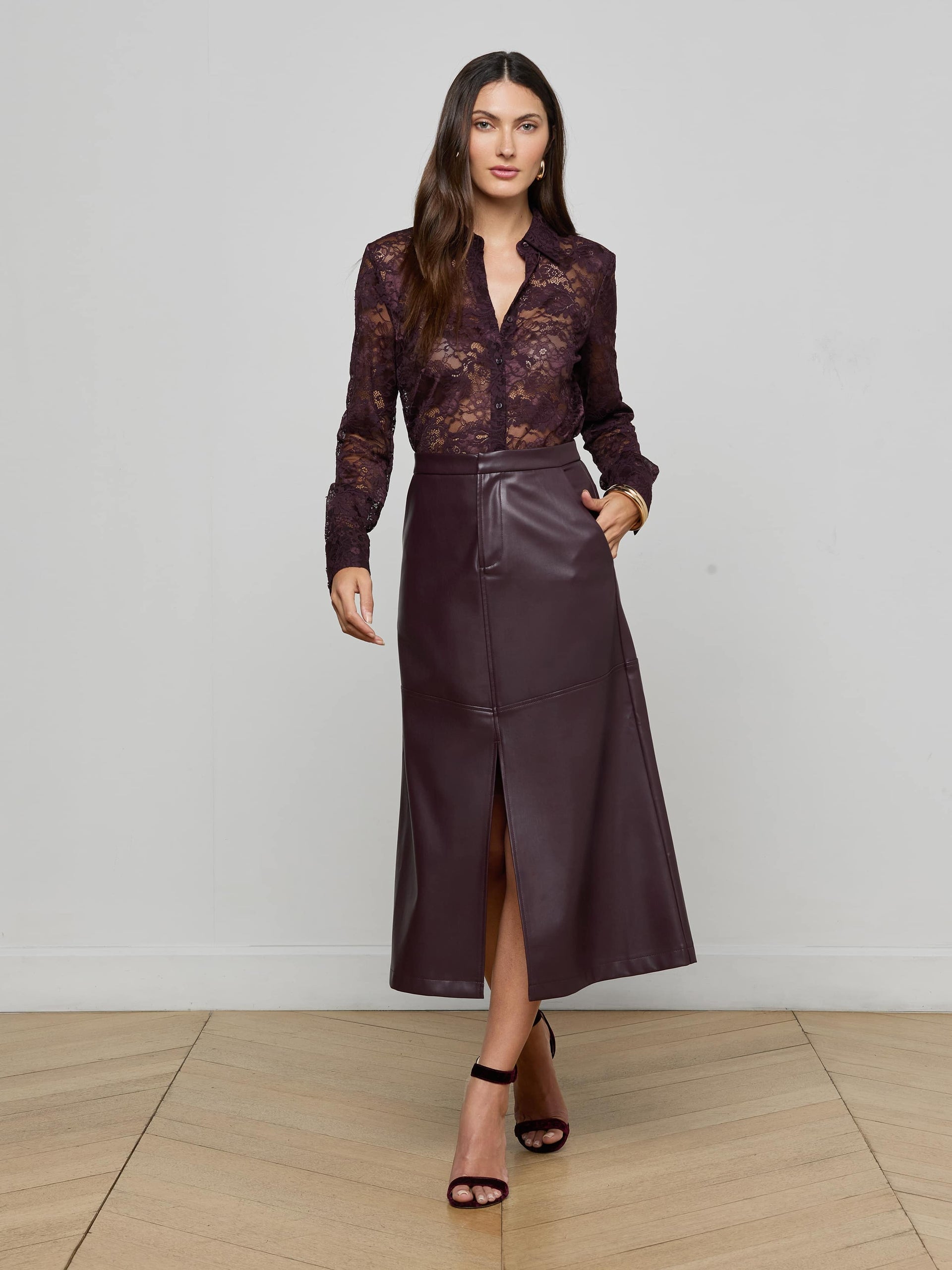 Robin Vegan Leather Midi Skirt Dark Malbec
