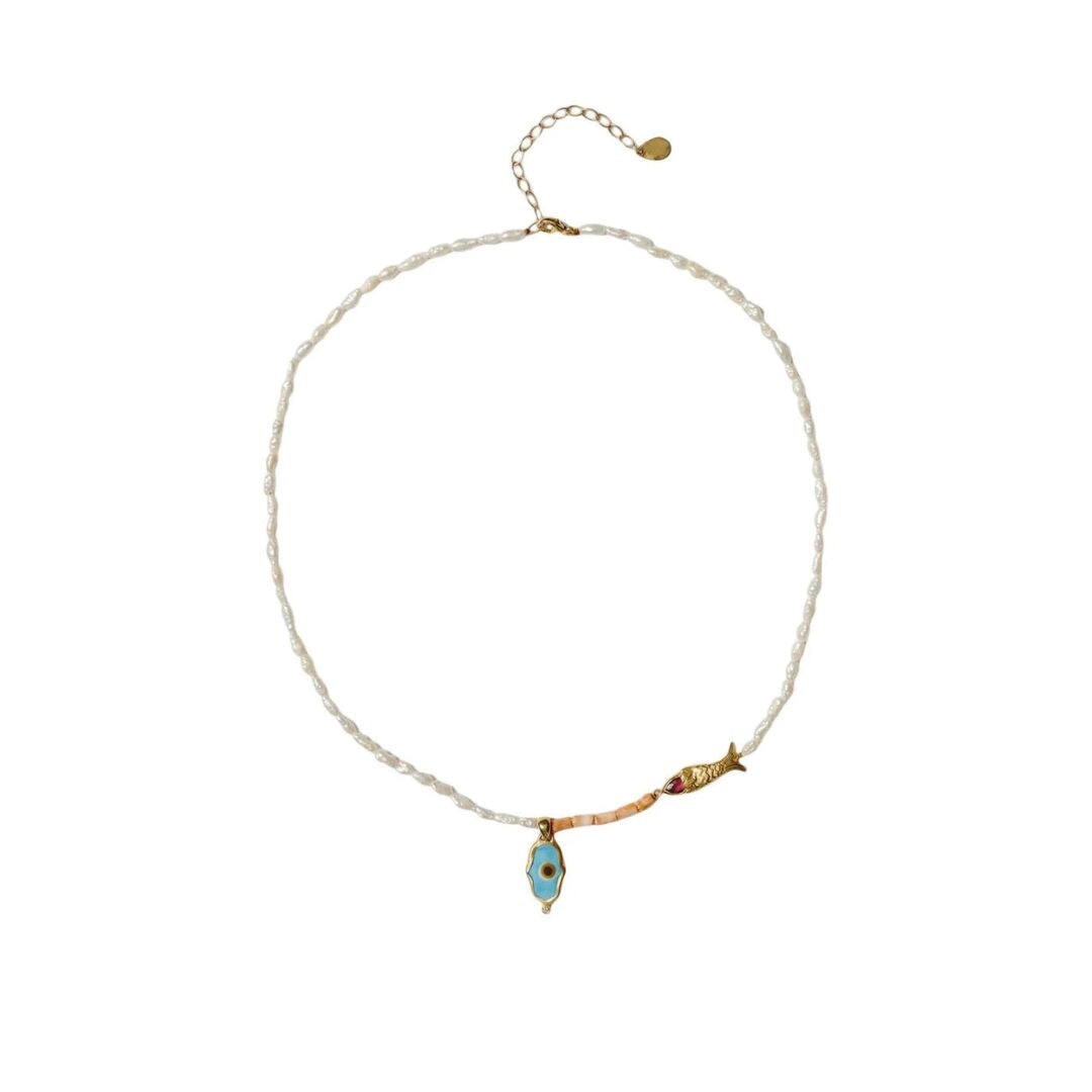 Hamsa Evil Eye Necklace Pearl Mix