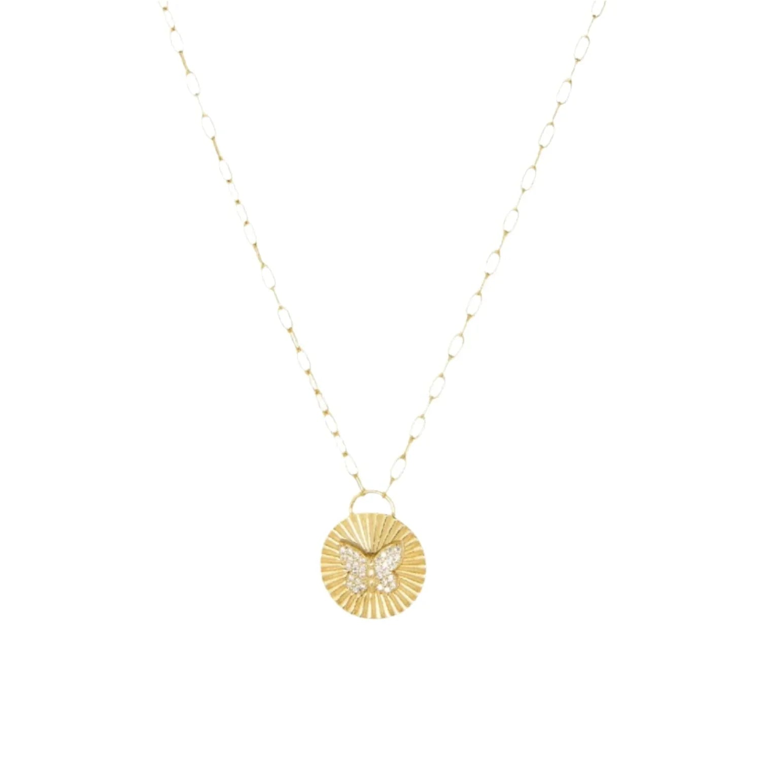 Pavé Butterfly Etched Disk Paperclip Necklace