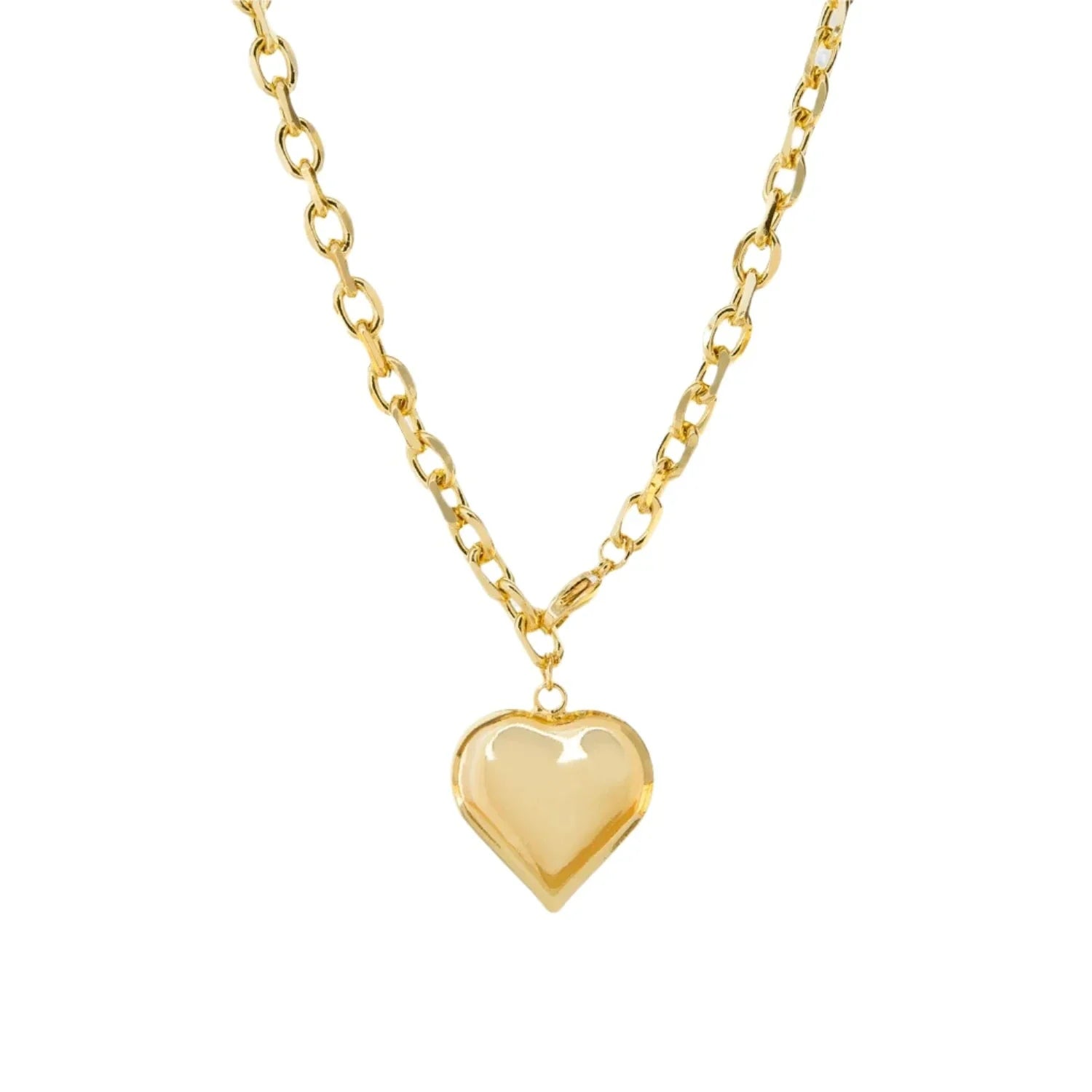 Gold 20" Oval Cable Chain Necklace Large Hollow Heart Charm