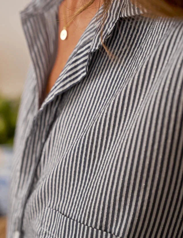 Eileen Relaxed Button-Up Shirt Navy/White/Silver Stripe