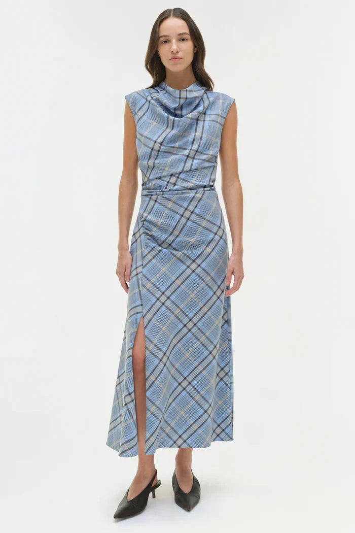 Burke Draped Midi Dress Horizon Plaid