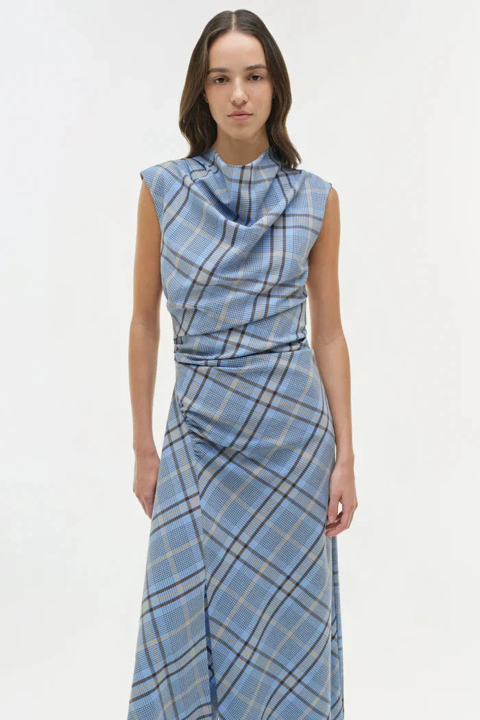 Burke Draped Midi Dress Horizon Plaid