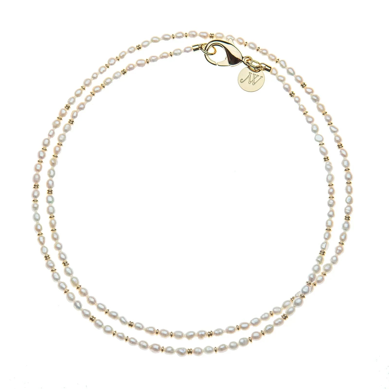 Double Wrap Rice Pearl Necklace Gold & White Mix