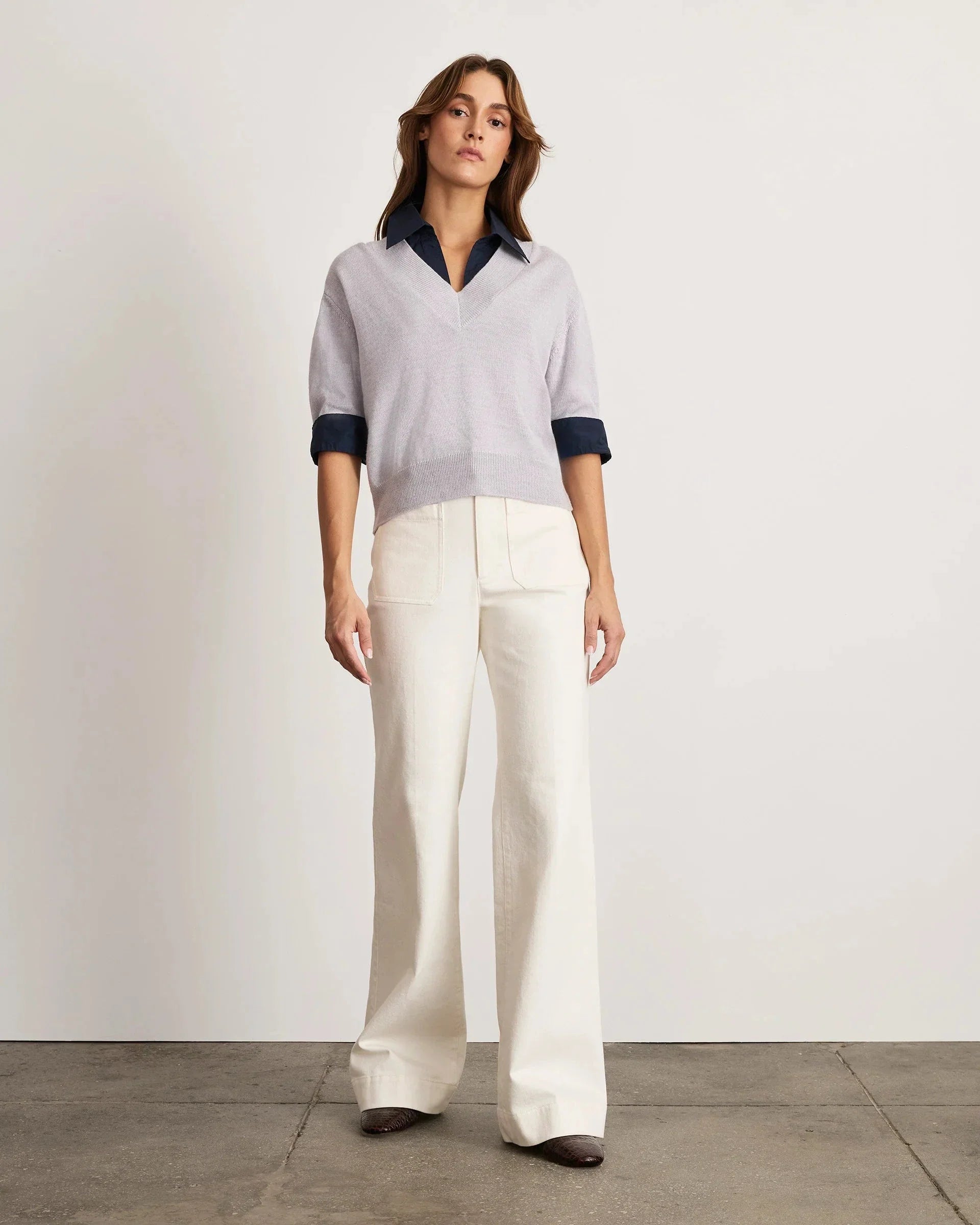 Esme Sweater Top Light Heather Gray/Maritime Blue