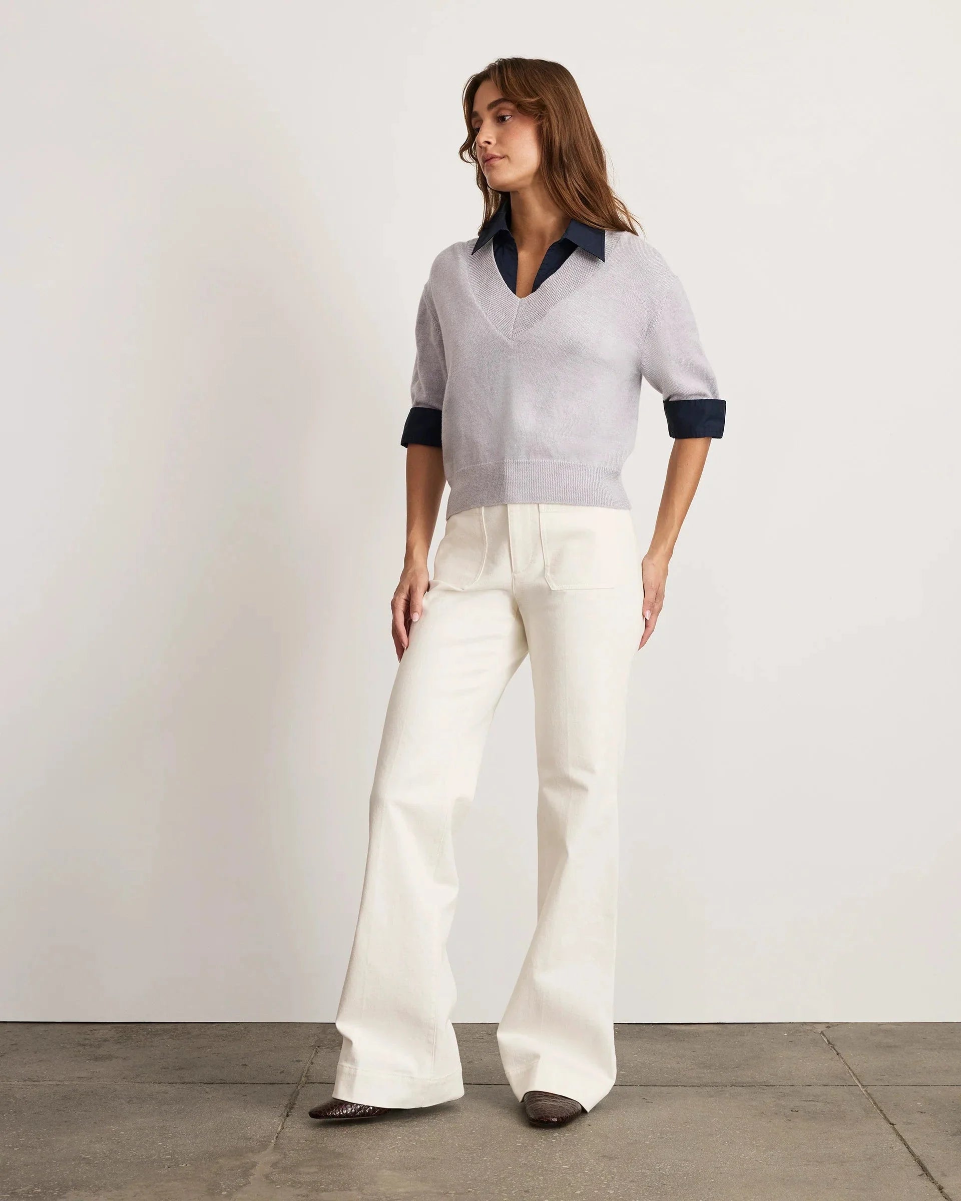 Esme Sweater Top Light Heather Gray/Maritime Blue