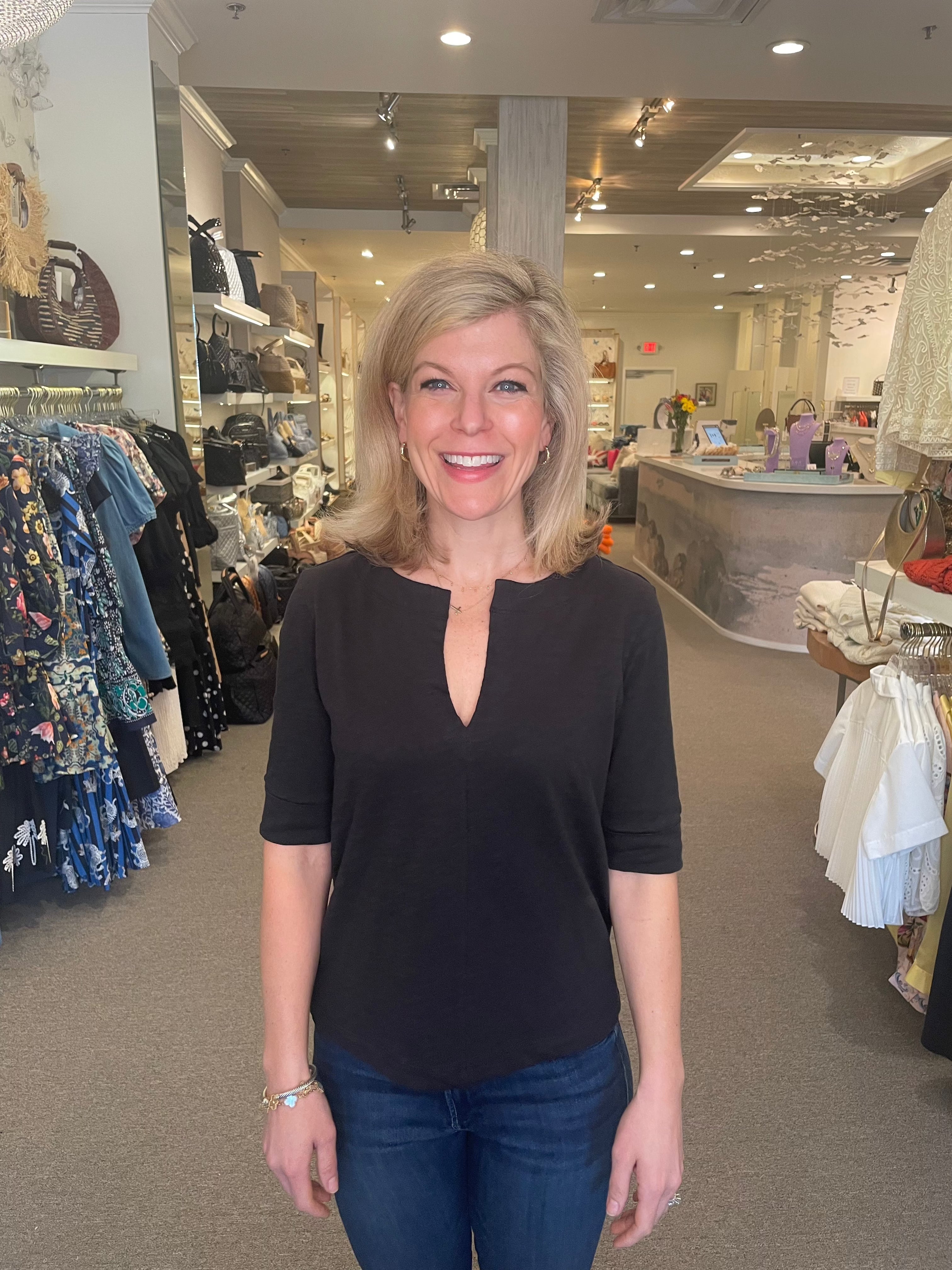 Cuffed Sleeve Split Neck Black