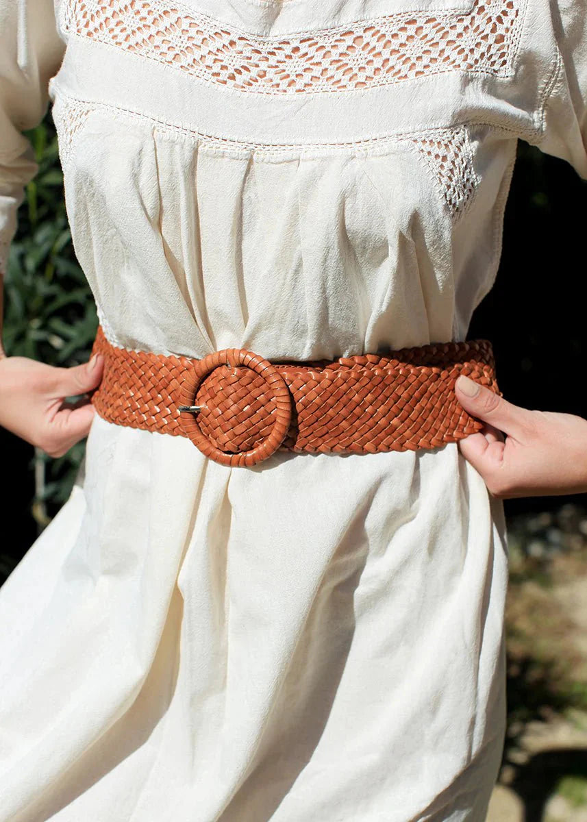 Wrapped Leather Belt Circle Buckle Tan