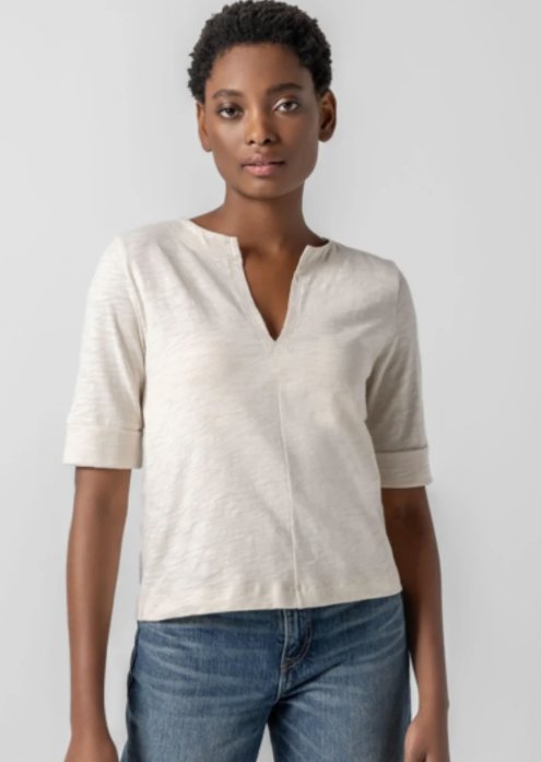 Cuffed Sleeve Split Neck Canvas