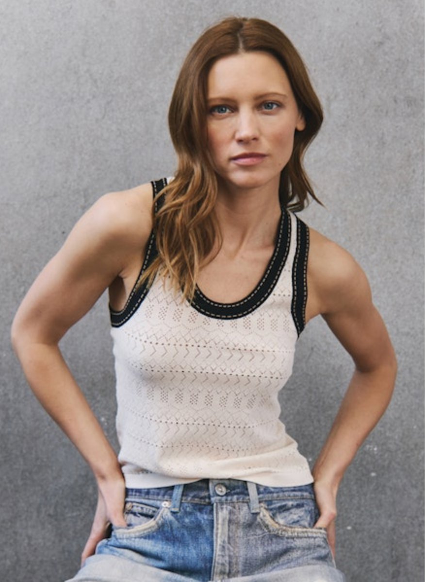 Pointelle Racer Back Tank Saddle Stitching Sand