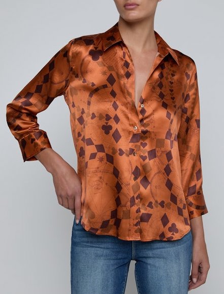 Dani Silk Blouse Amber Brown Playing Card Geo