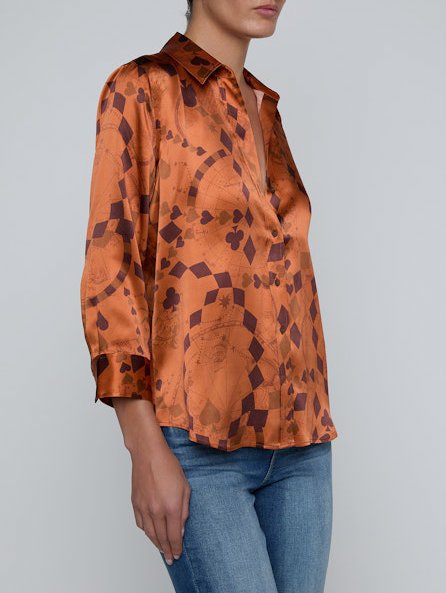Dani Silk Blouse Amber Brown Playing Card Geo