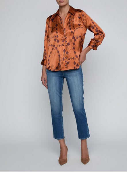 Dani Silk Blouse Amber Brown Playing Card Geo