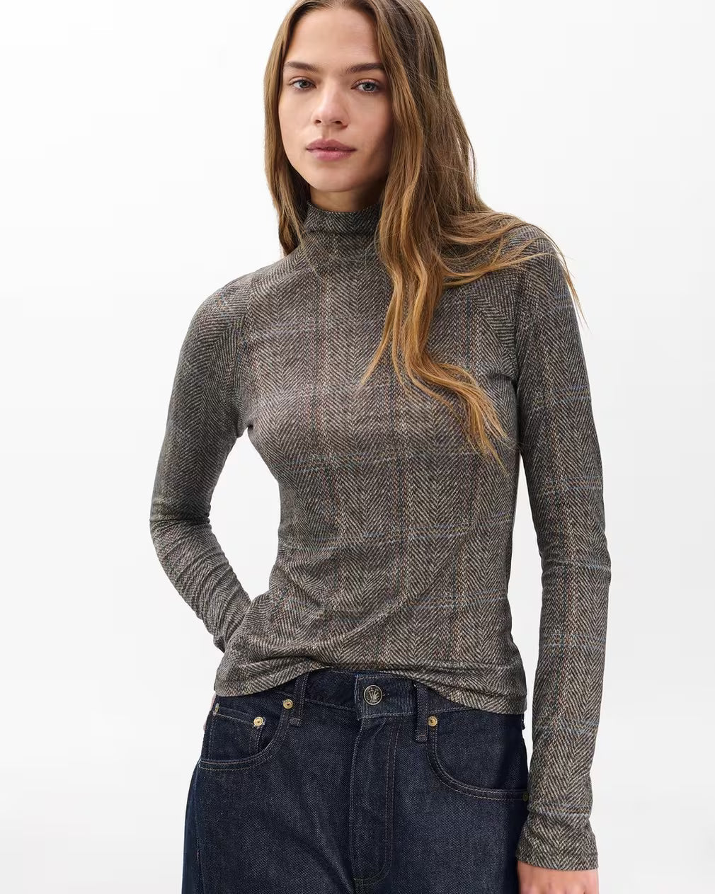 Shawl Plaid Turtleneck Tee Brown Multi
