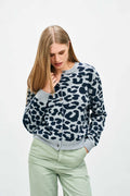 Merino Leopard Crew Cardigan Mid Grey/Navy