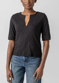 Cuffed Sleeve Split Neck Black