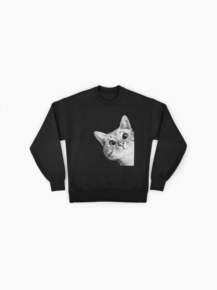 Sneaky Cat Peeking Graphic, Funny Feline Oversized Sweatshirt