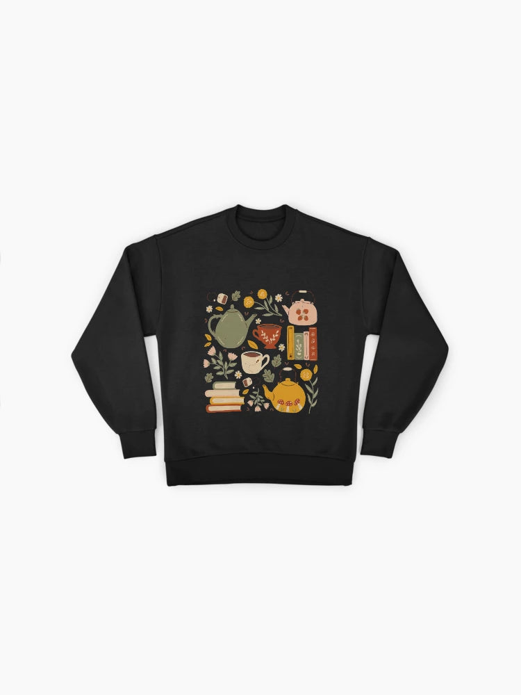 Flowery Books and Tea Sweatshirt | Cozy Reader Aesthetic Oversized Top