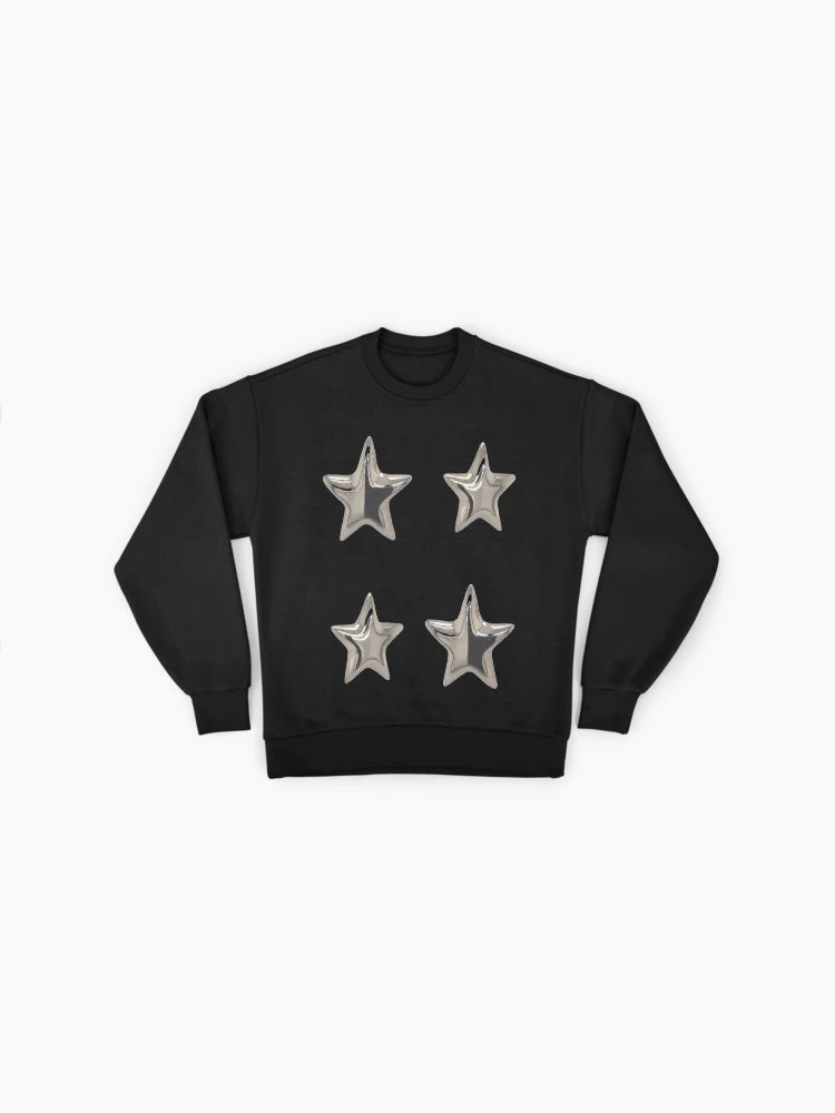 Metallic Stars Graphic Sweatshirt, Celestial Space Aesthetic Top