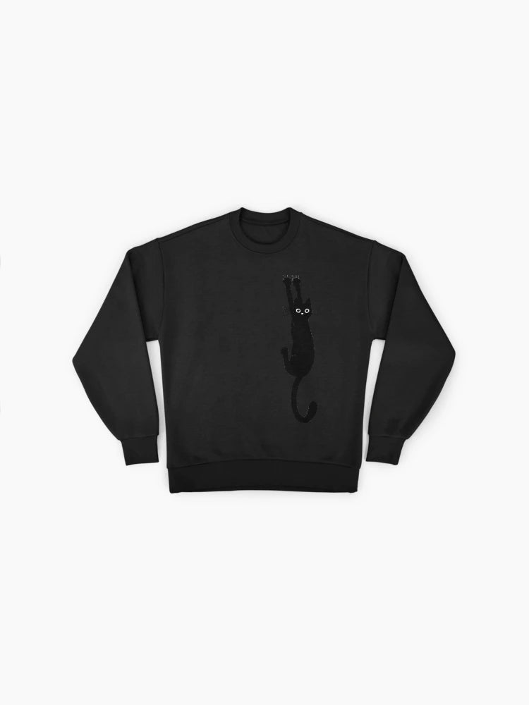 Black Cat Holding On, Funny Anxious Cat Meme Oversized Sweatshirt