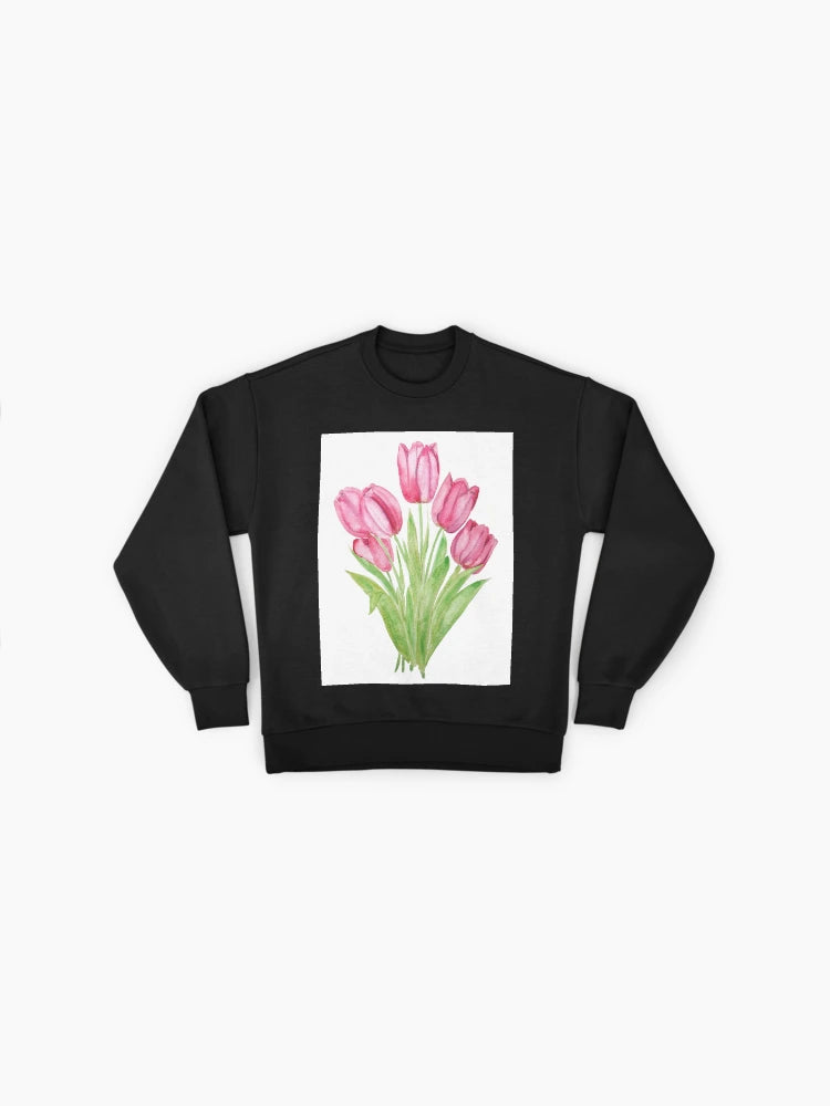 Pink Tulips Watercolor Sweatshirt, Hand Painted Floral Art Top