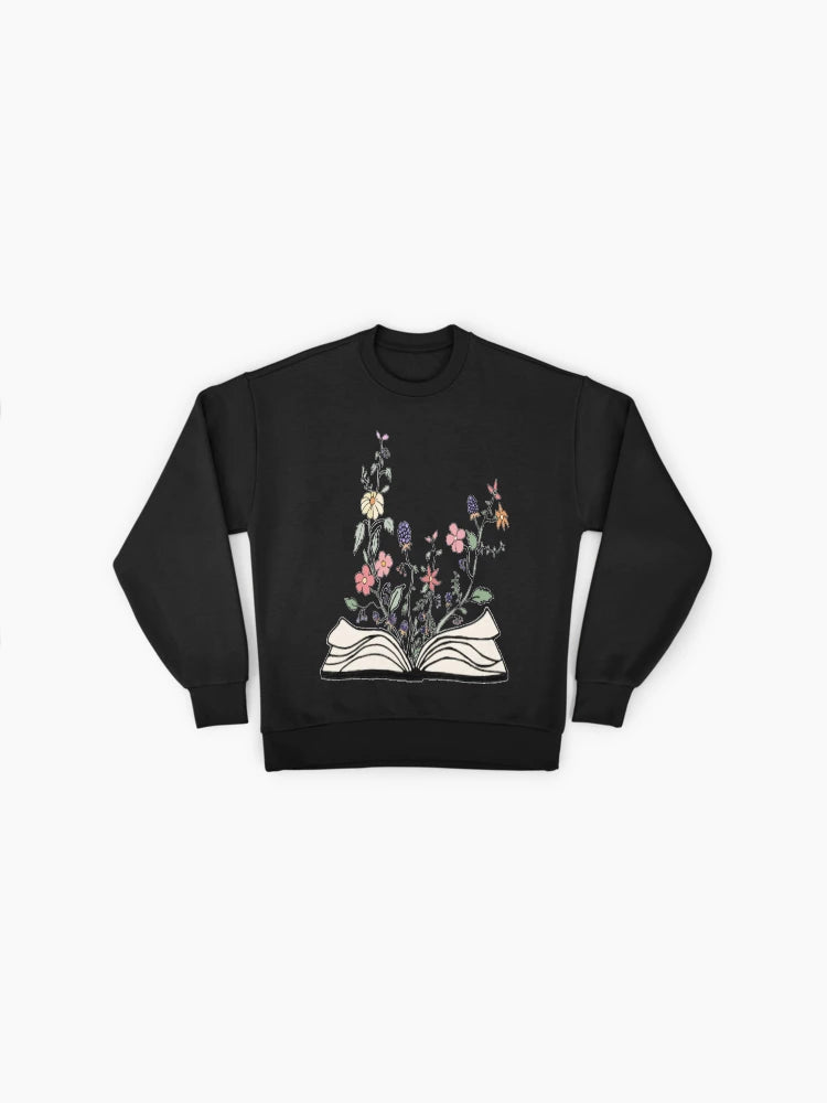 Book Flowers Graphic, Botanical Reader Oversized Sweatshirt