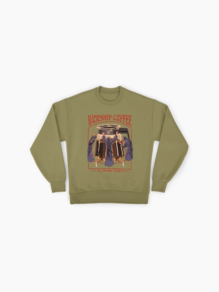 'Worship Coffee' Graphic Print, Coffee Lover Oversized Sweatshirt