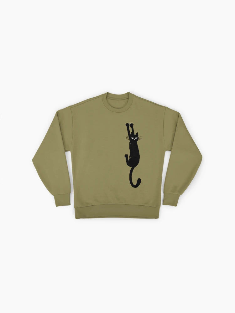 Black Cat Holding On, Funny Anxious Cat Meme Oversized Sweatshirt