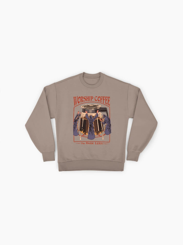 'Worship Coffee' Graphic Print, Coffee Lover Oversized Sweatshirt