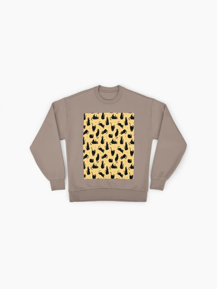 Black Cat Pattern Print, Feline Themed Oversized Sweatshirt
