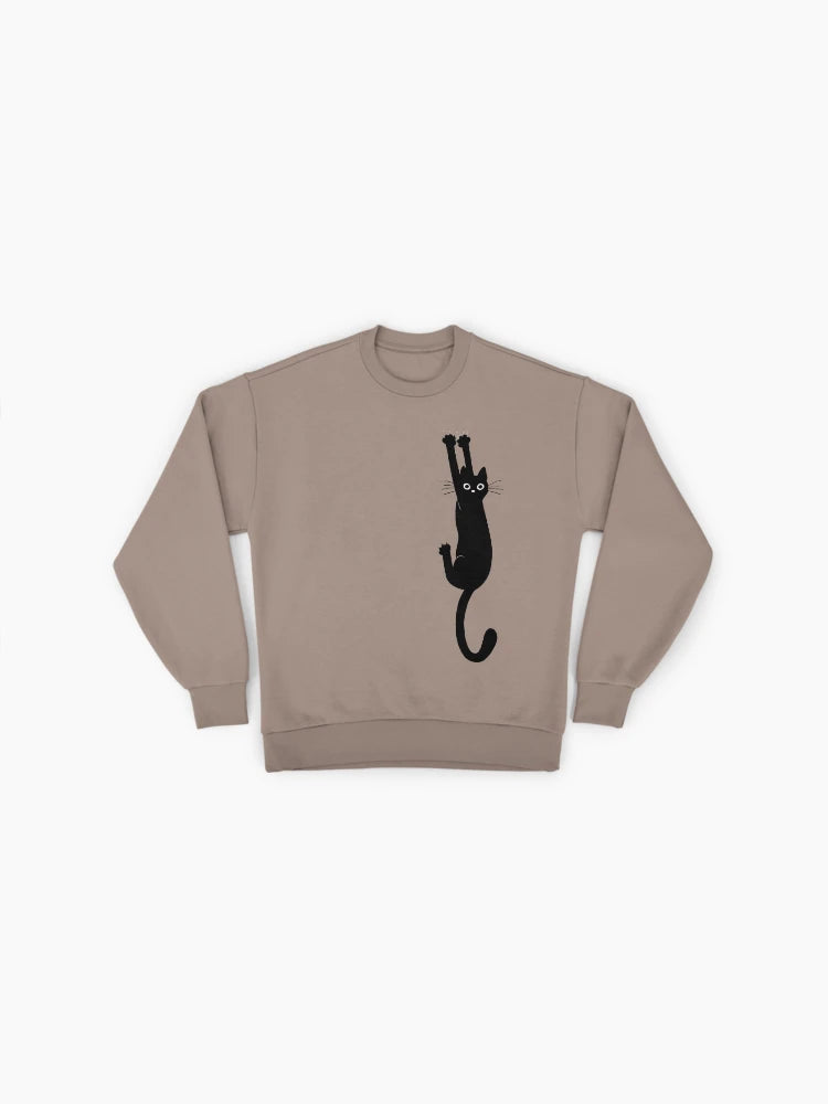Black Cat Holding On, Funny Anxious Cat Meme Oversized Sweatshirt