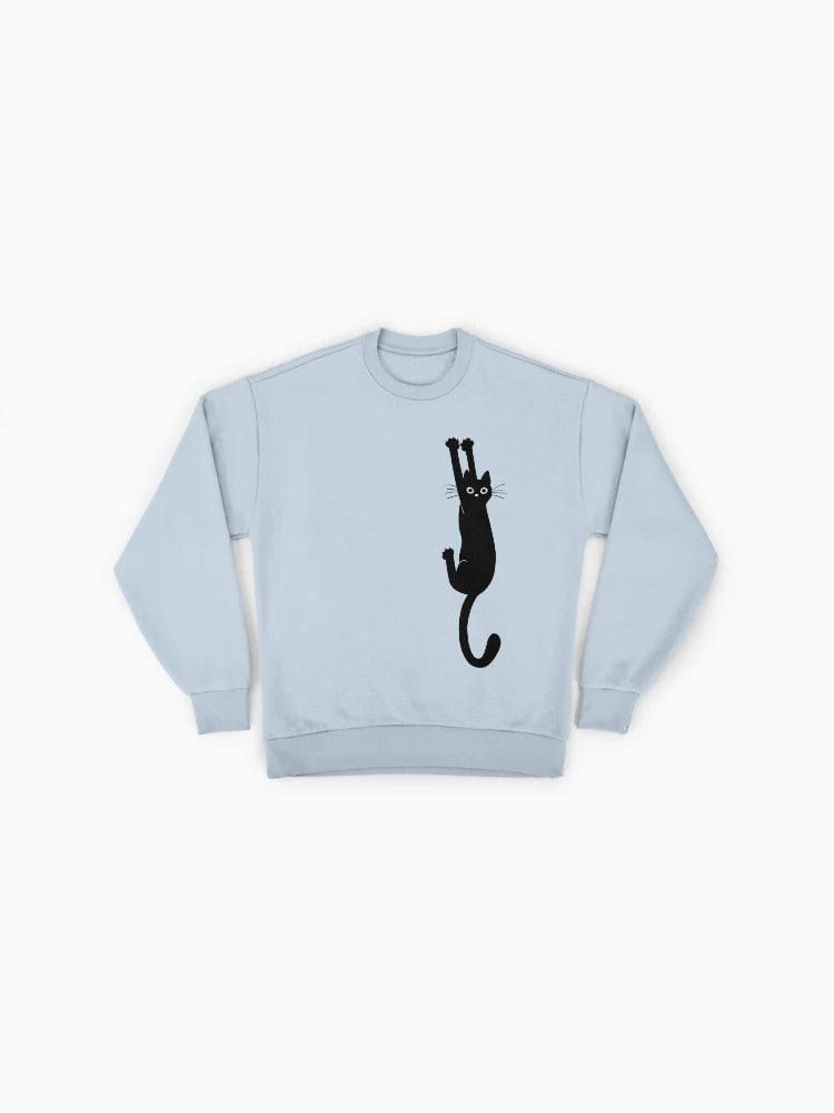 Black Cat Holding On, Funny Anxious Cat Meme Oversized Sweatshirt
