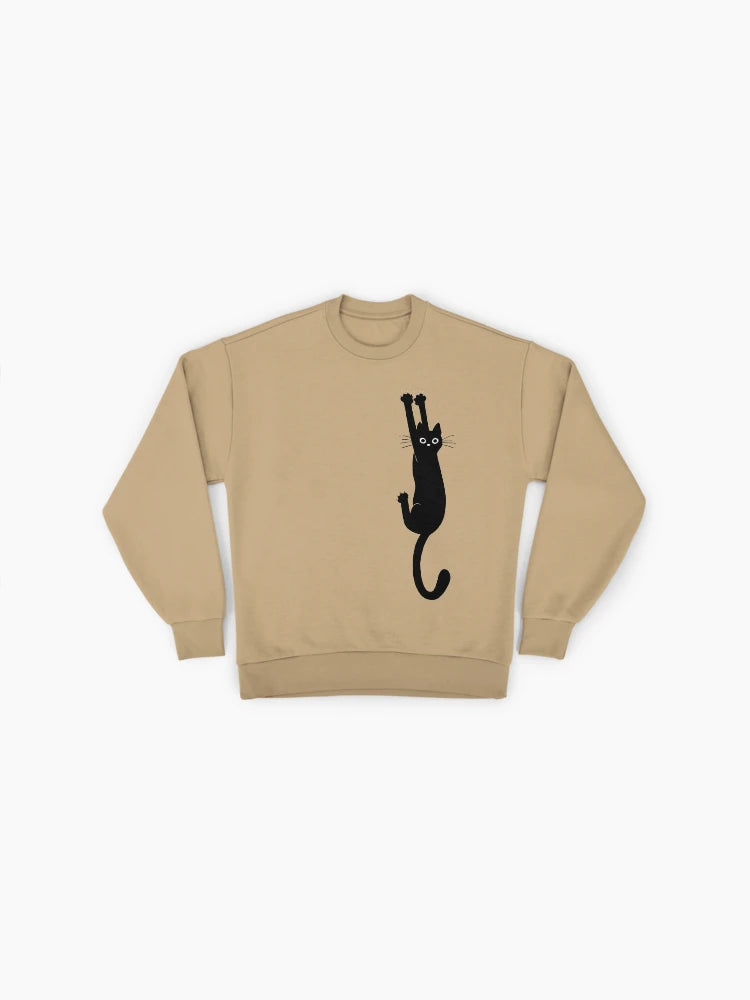 Black Cat Holding On, Funny Anxious Cat Meme Oversized Sweatshirt