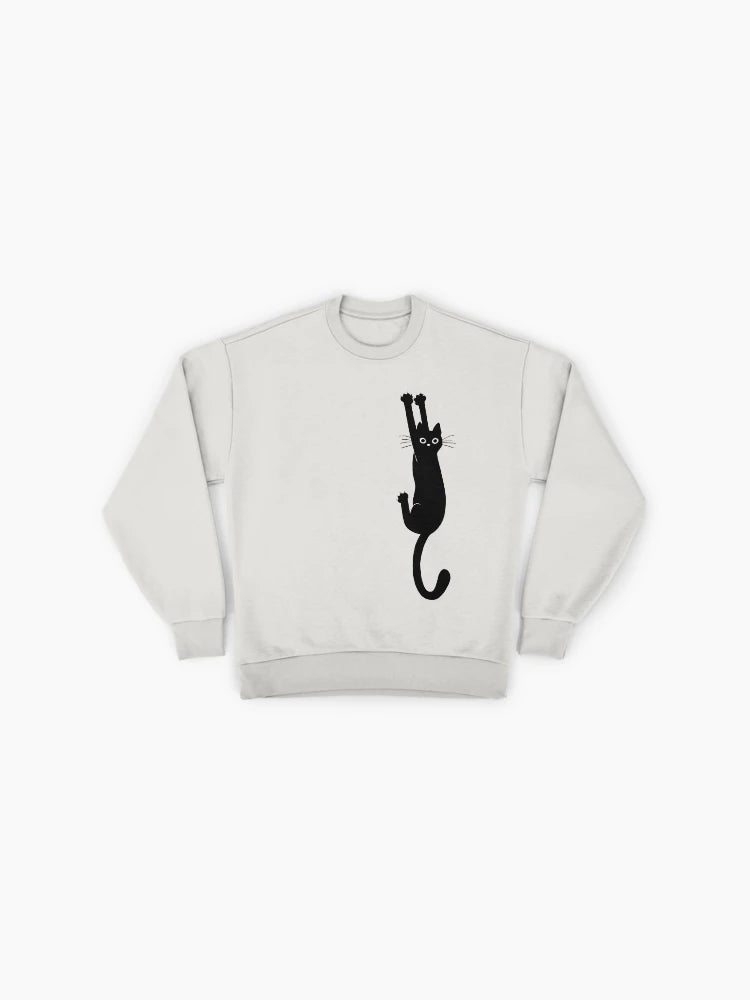 Black Cat Holding On, Funny Anxious Cat Meme Oversized Sweatshirt