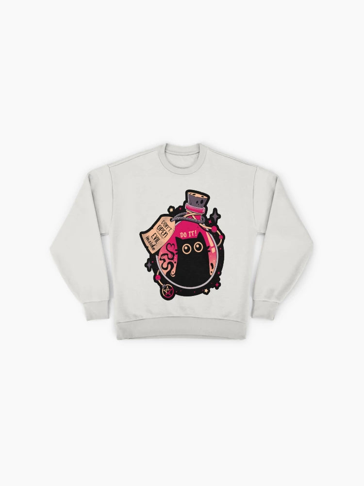 Bottled Menace Evil Black Cat Sweatshirt, Spooky Cute Feline Top