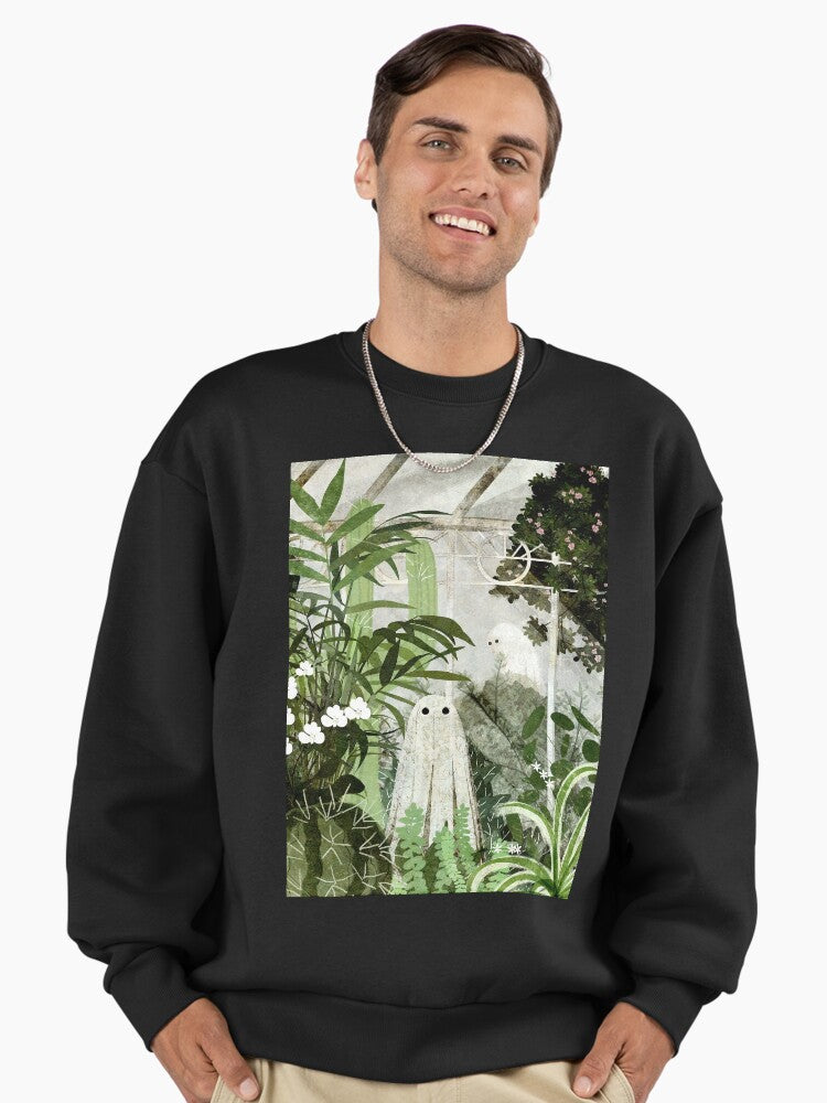 Ghost in the Greenhouse" Sweatshirt | Spooky Whimsical Oversized Top Graphite Black