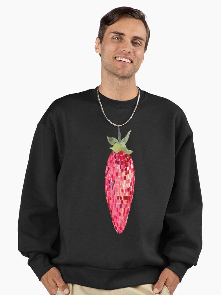 Disco Ball Strawberry Graphic, Funky Oversized Sweatshirt Black