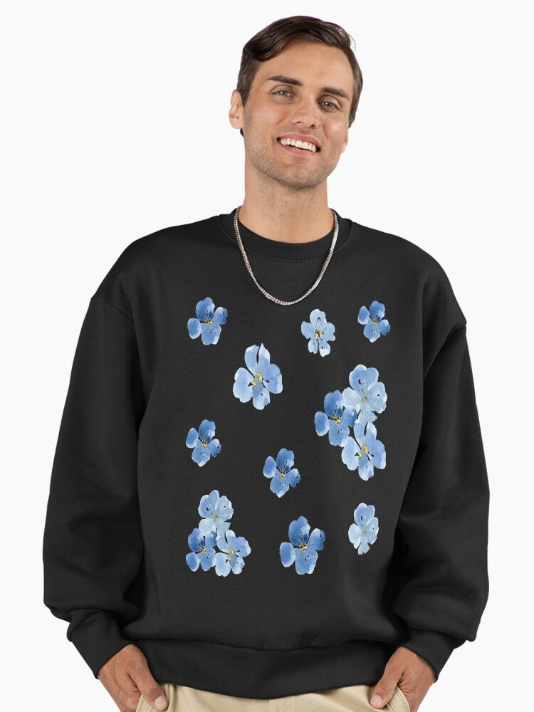 Little Blue Flowers, Minimalist Botanical Art Oversized Sweatshirt Black