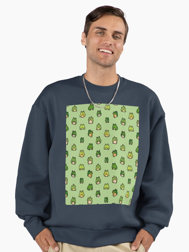 Artistic Frogs Doodle Print, Amphibian Lover Oversized Sweatshirt Midnight Navy