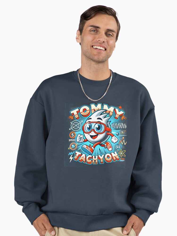 Tommy Tachyon FTL Physics Pun Sweatshirt, Humorous Science Themed Top Midnight Navy